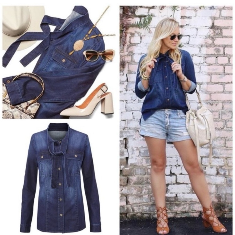CAbi Waterfront Blouse Blue Bow Long Sleeve Denim Size Medium